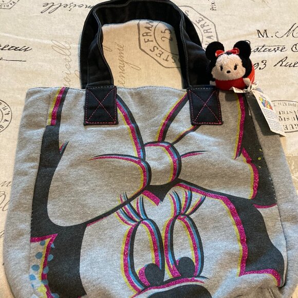 Disney Minnie Mouse Black & Gray Tote Bag With Mini Plush Tsum - Picture 1 of 16
